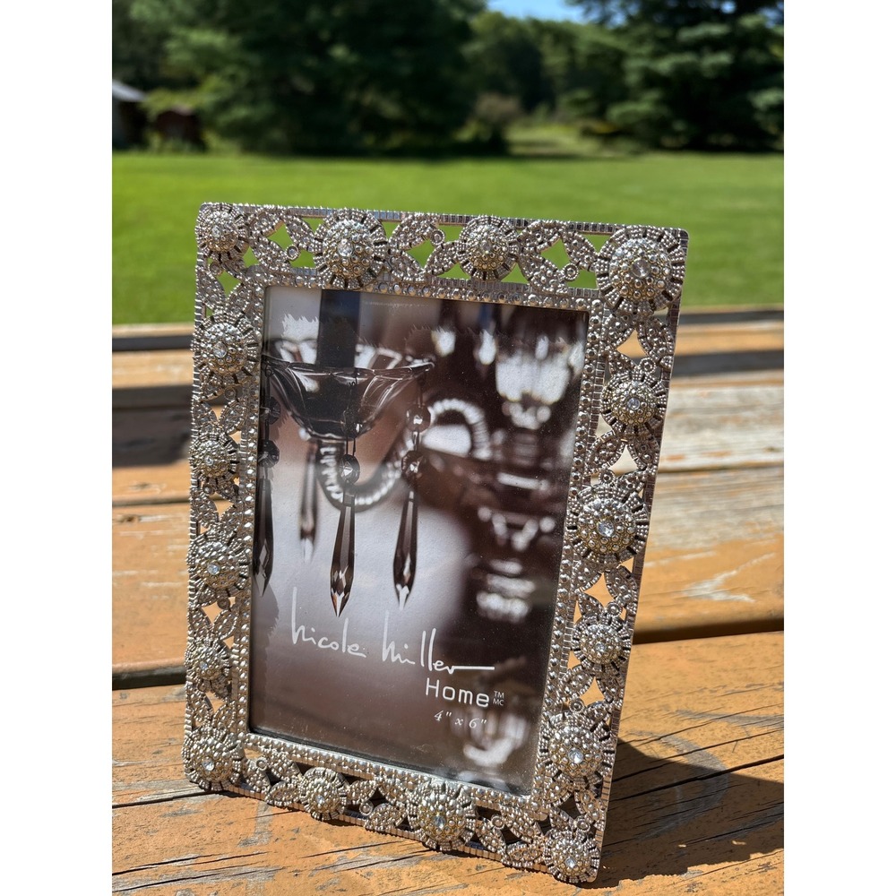Nicole Miller Home Silver Rhinestone Ornate Floral 4x6 Picture Frame Vintage